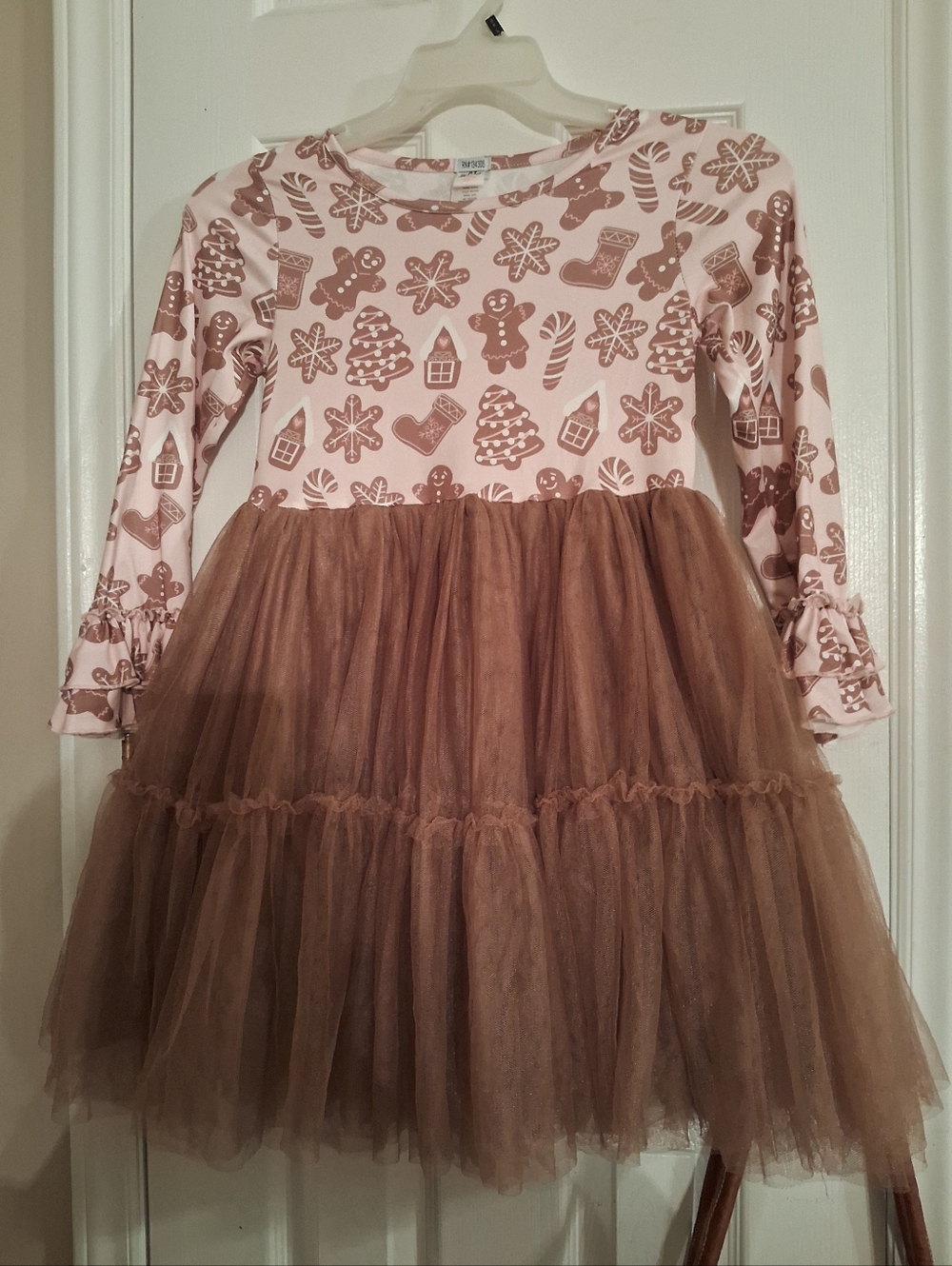 Girls Pink Holiday Print Brown Tulle Party Dress